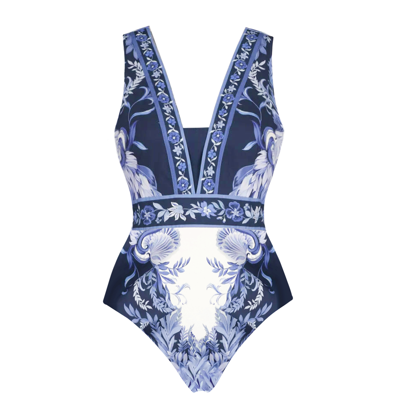 Blue and White Porcelain Print V Neck One Piece Swimsuit and Skirt	