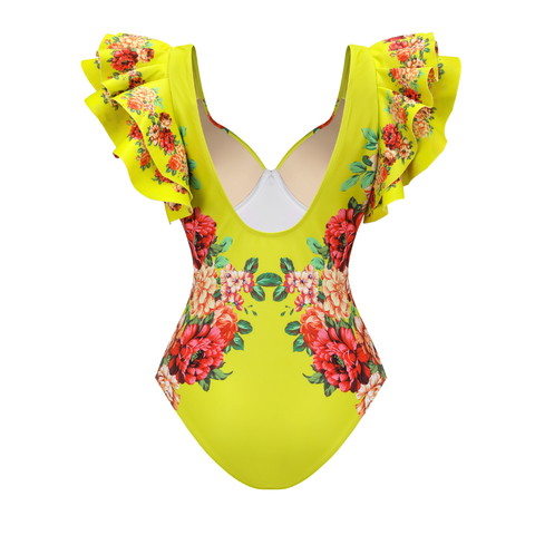 Ruffled Blooming Flower Print One Piece Swimsuit and Skirt