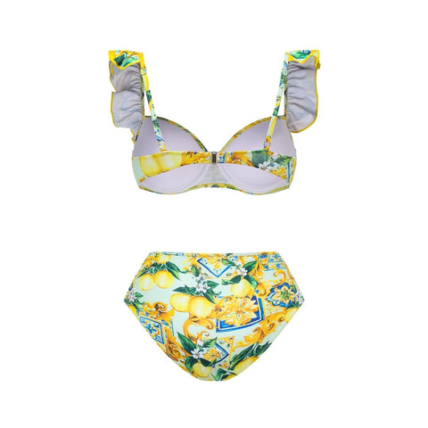 Lemon Print Ruffle Strap Bikini Swimsuit and Mesh Splicing Sarong