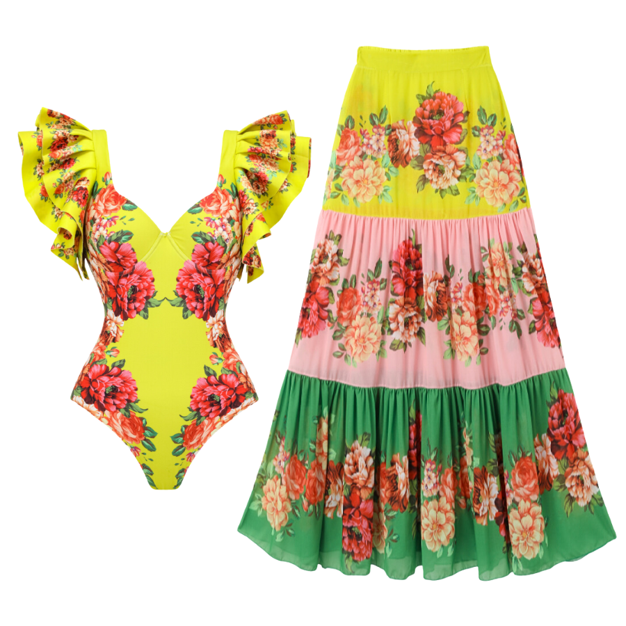 Ruffled Blooming Flower Print One Piece Swimsuit and Skirt