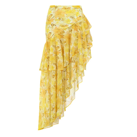 Appliques Yellow Lily Floral Print One Piece Swimsuit and Skirt	