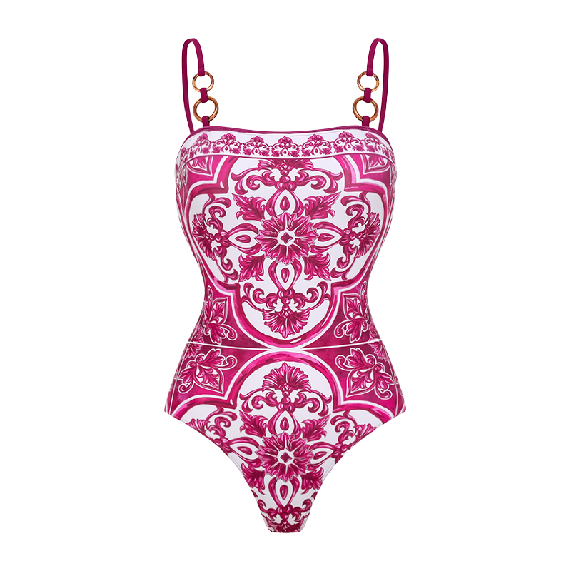 Sling Classic Majolica Series Pattern Print One Piece Swimsuit and Skirt or Shorts	
