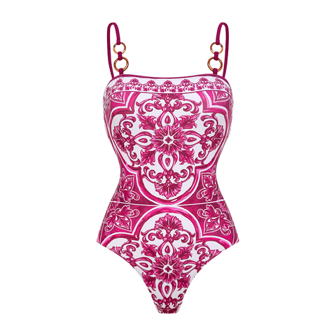 Sling Classic Majolica Series Pattern Print One Piece Swimsuit and Skirt or Shorts	