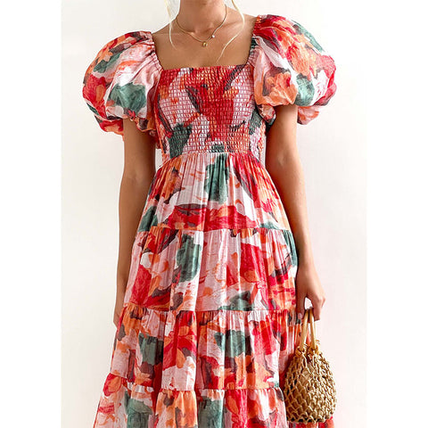 Off Shoulder Puff Sleeve Midi Dress