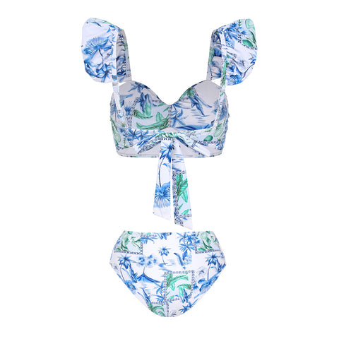 Sling Ruffle Printed  High Waist Bikini Swimsuit and Skirt