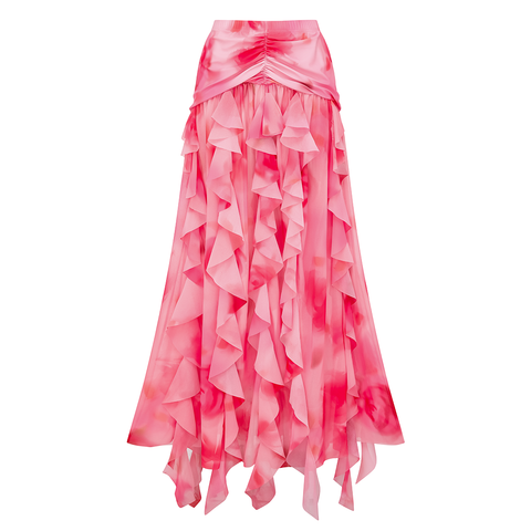 Pink Flower-dyed Halter Neck One Piece Swimsuit and Skirt	