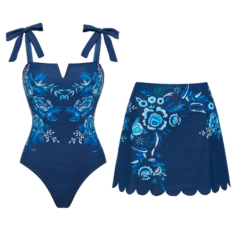 Embroidery Printed Bowknot Shoulder One Piece Swimsuit and Skirt	