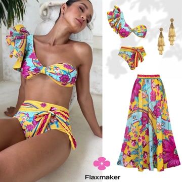Constellation Flower Print Ruffled Bikini Swimsuit and Sarong	