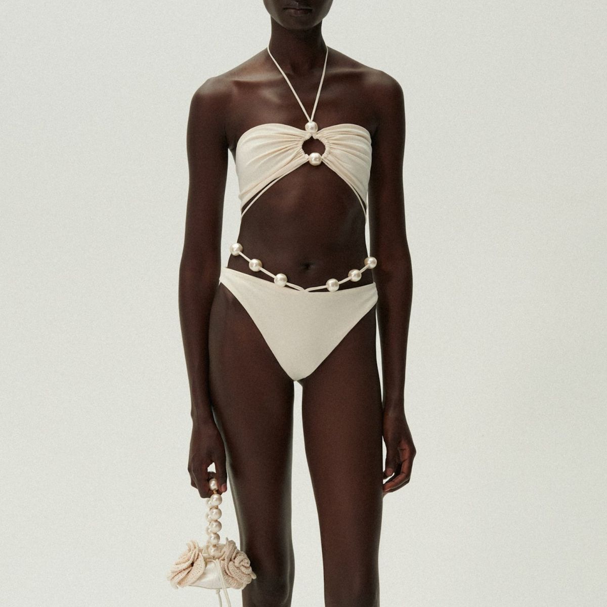 Pearl Detail Halter Lace Up Bikini Swimsuit and Sarong Flaxmaker	
