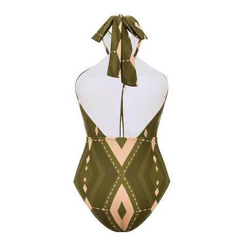 Halter Neck Geometric Pattern Print One Piece Swimsuit and Pants