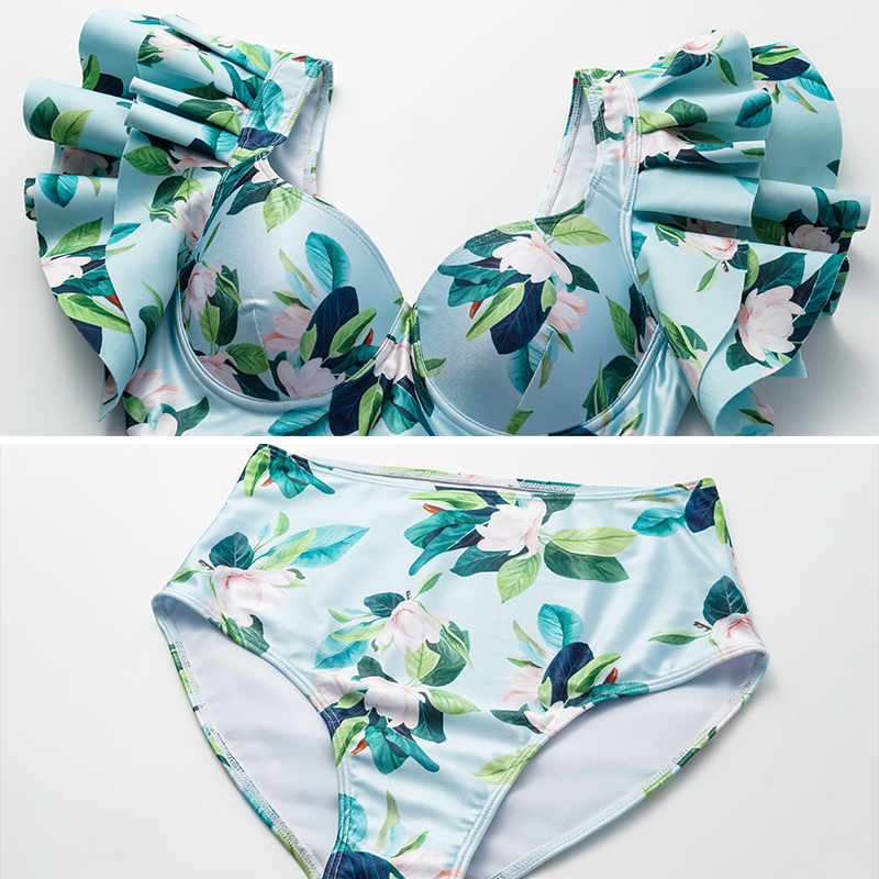 Ruffle Mangnolia Print Bikini Swimsuit and Skirt	