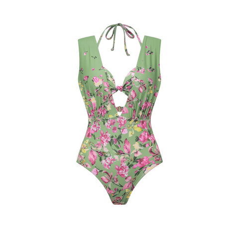 Floral Top & Plunging Ruched Swim Set and Skirt	