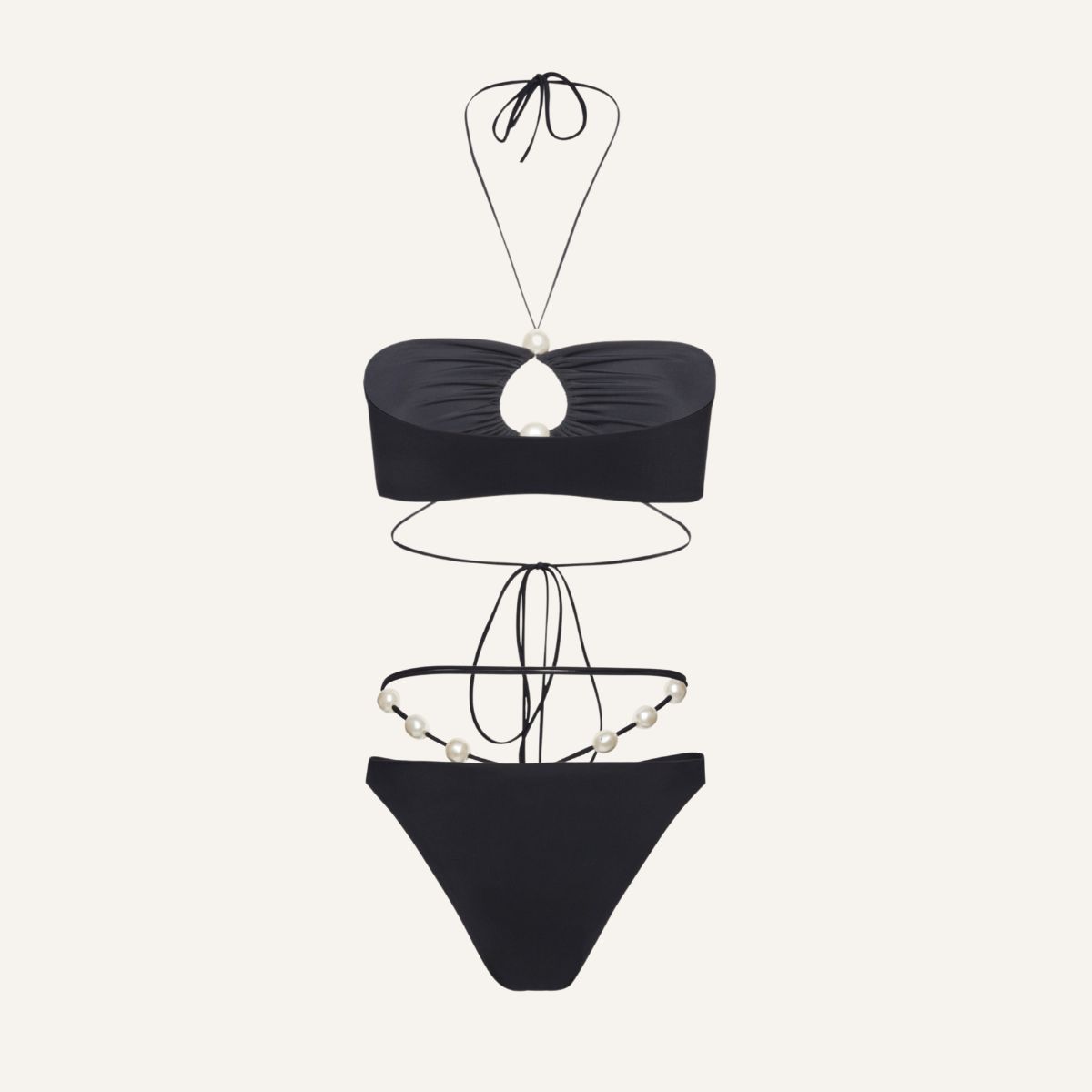 Halterneck Pearl Bandeau High Waist Bikini Swimsuit and Sarong	