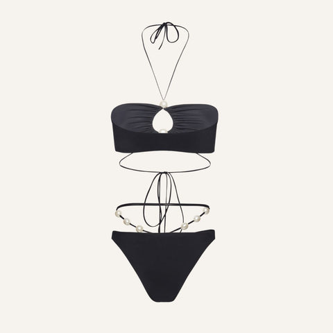 Halterneck Pearl Bandeau High Waist Bikini Swimsuit and Sarong	