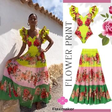 Ruffled Blooming Flower Print One Piece Swimsuit and Skirt