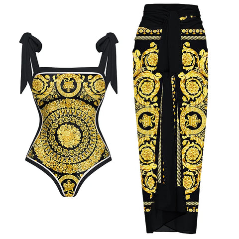 Reversible Tie-shoulder One Piece Swimsuit and Sarong