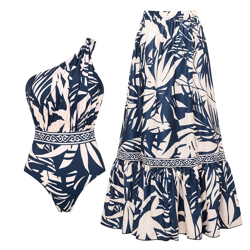 One SHoulder Leaves Print One Piece Swimsuit and Pants	
