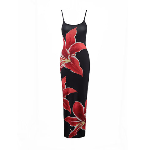 Sling Backless Blossom Print Slit  Dress
