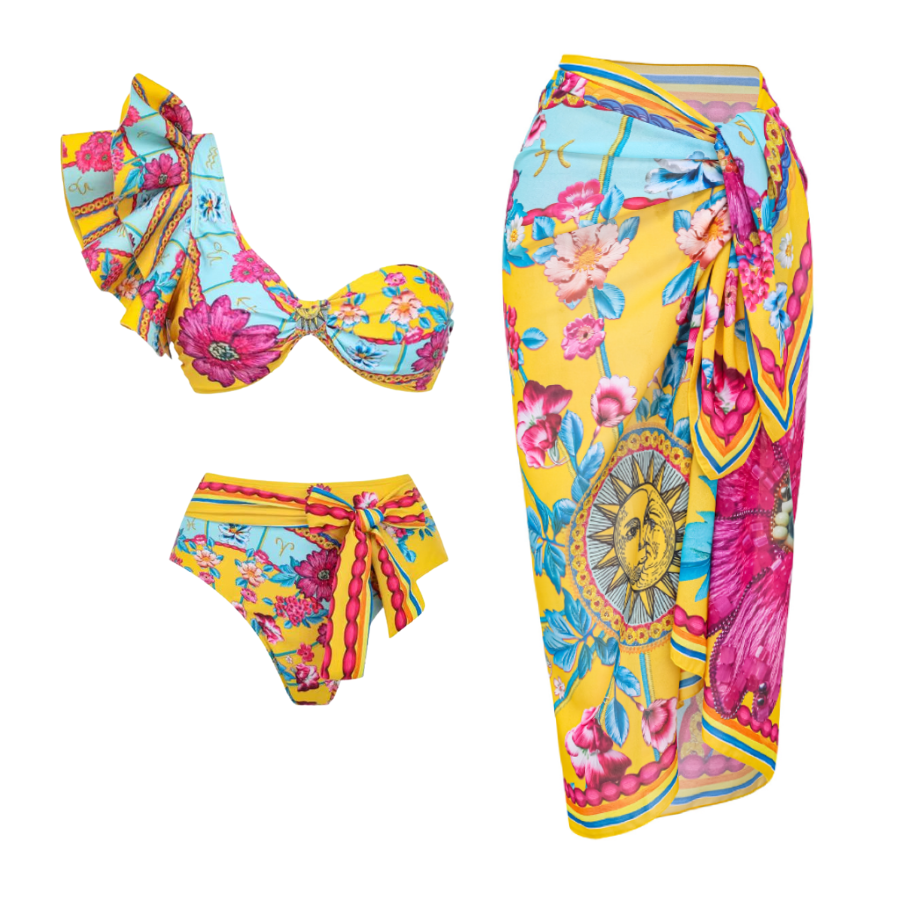 Constellation Flower Print Ruffled Bikini Swimsuit and Sarong	