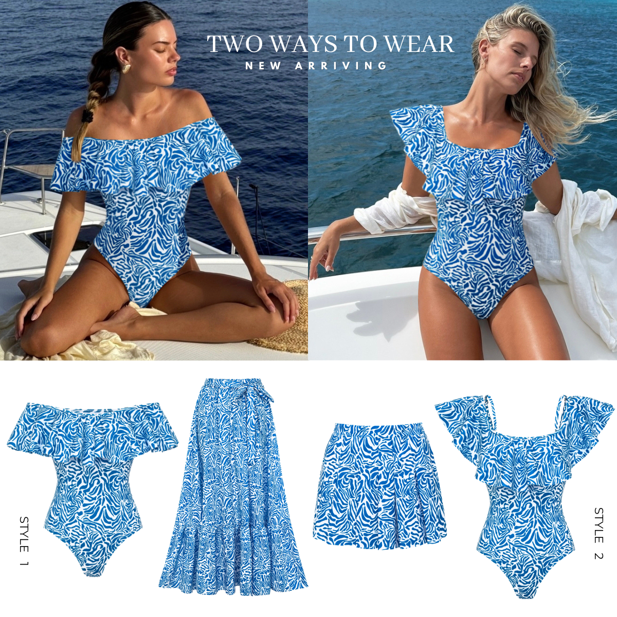 Ruffle Printed One Piece Swimsuit and Skirt	