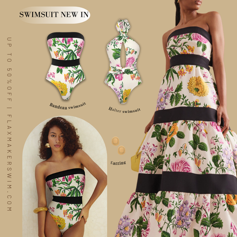 Off Shoulder Back Bow Tie Color Block Printed One Piece Swimsuit and Skirt Flaxmaker	