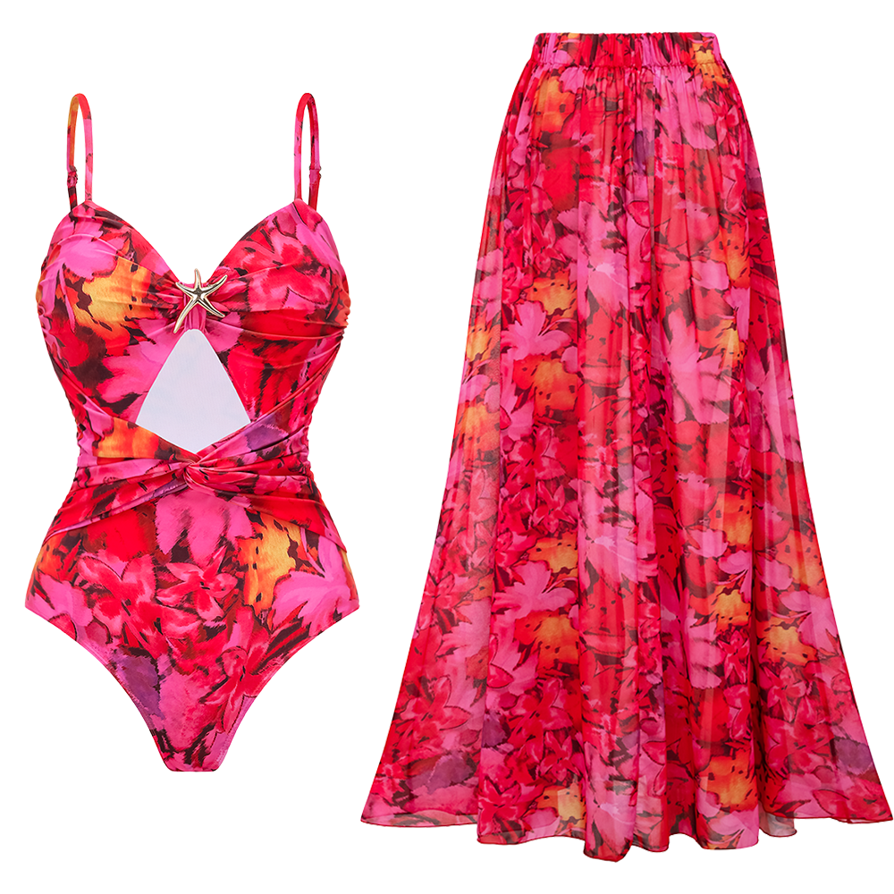 Red Flowers Printed Hollow One Piece Swimsuit and Skirt	
