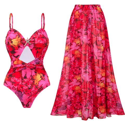 Red Flowers Printed Hollow One Piece Swimsuit and Skirt	