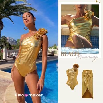 3D Flower Golden Fabric One Piece Swimsuit and Skirt