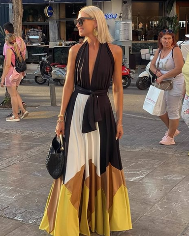 V Neck Color Block Maxi Dress