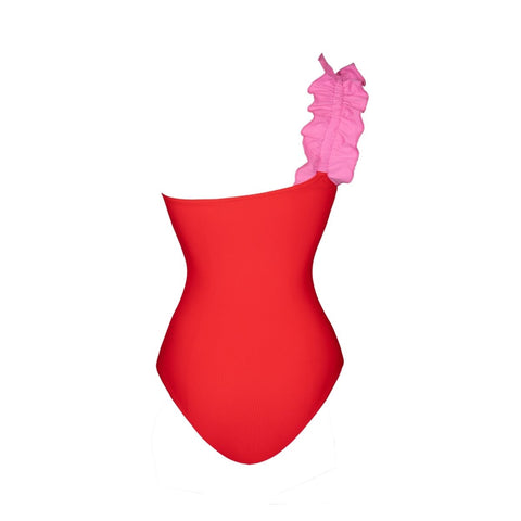 One Shoulder Color Block One Piece purple	