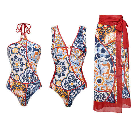Printed Halter One Piece Swimsuit and Sarong