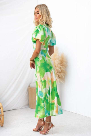 Puff Sleeve Cutout Blossom Printed Dress