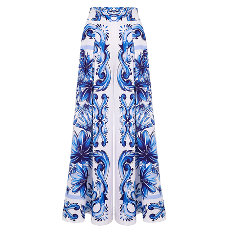 Ruffle V Neck Blue Majolica Print High Waist Bikini Swimsuit and Skirt or Pants