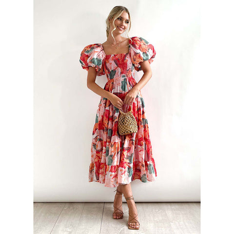 Off Shoulder Puff Sleeve Midi Dress