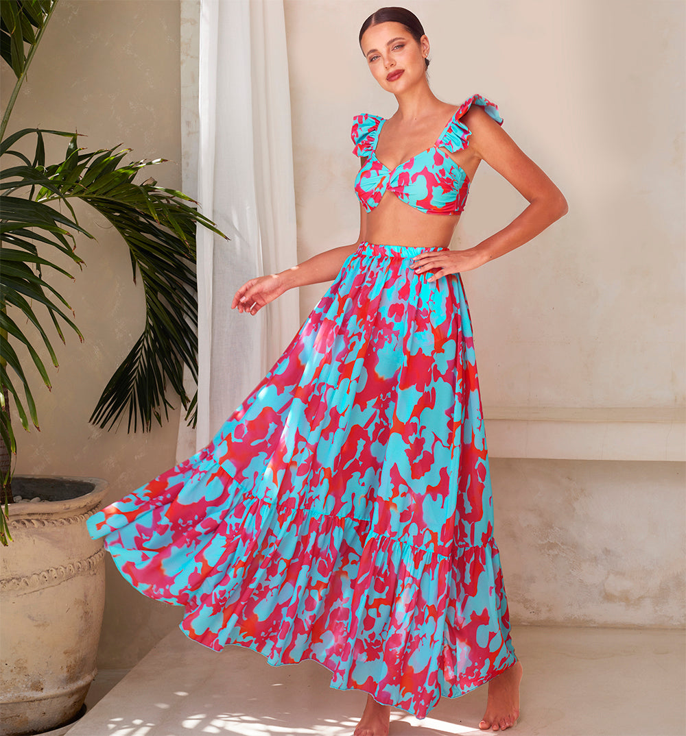 Printed Ruffle Bikini Swimsuit and Skirt	