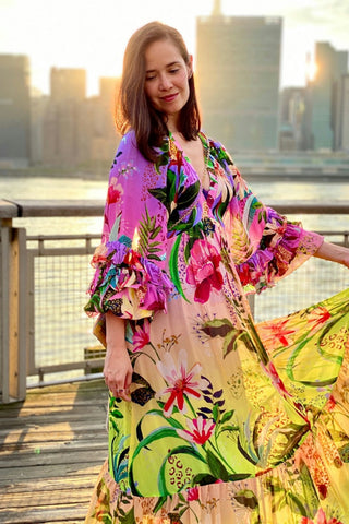 Ruffle V Neck Blossom Printed Dress