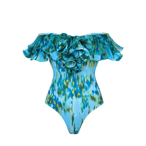 Removable Shoulder Strap Off Shoulder Ruffle Abstract Pattern Print One piece Swimsuit and Skirt