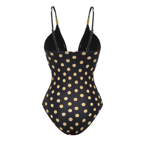 Black and Gold Polka Dots V-neck One Piece Swimsuit and Skirt	