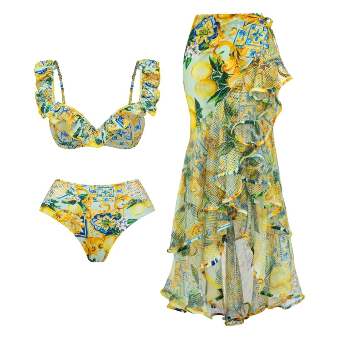 Lemon Print Ruffle Strap Bikini Swimsuit and Mesh Splicing Sarong