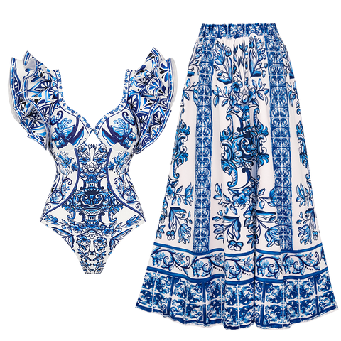 Ruffle Blue and White Porcelain Pattern Majolica Print One Piece Swimsuit and Skirt or Sarong	