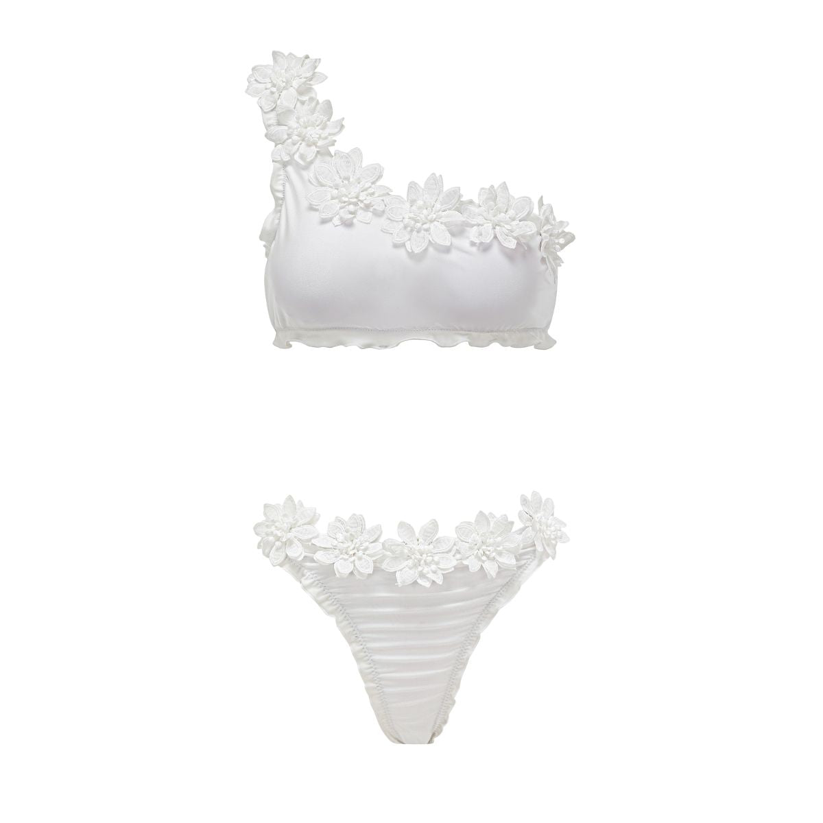 3D Flower One Shoulder White Bikini Swimsuit and Skirt Flaxmaker	