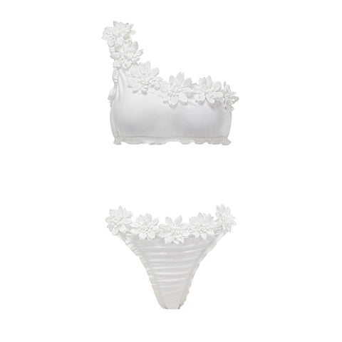 3D Flower One Shoulder White Bikini Swimsuit and Skirt Flaxmaker	