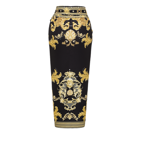 Vintage Black Gold Baroque Print Metal chain small V-neck One Piece Swimsuit and Skirt