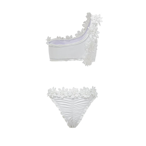 3D Flower One Shoulder White Bikini Swimsuit and Skirt Flaxmaker	