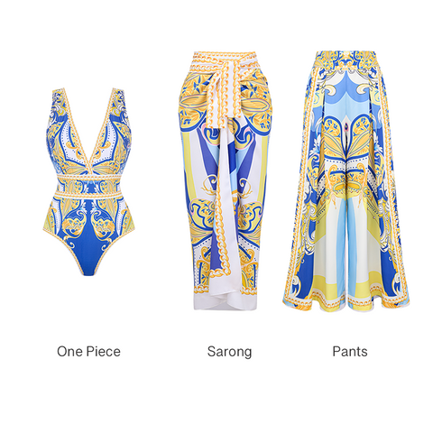 V Neck Pattern Print One Piece Swimsuit and sarong or Pants