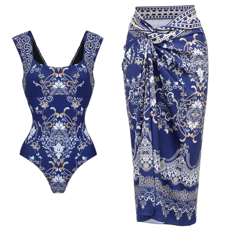 Royal Blue Baroque Print One Piece Swimsuit and Skirt	
