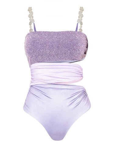 Pearl Shoulder Strap Cutout Shiny Texture One Piece Swimsuit and Skirt