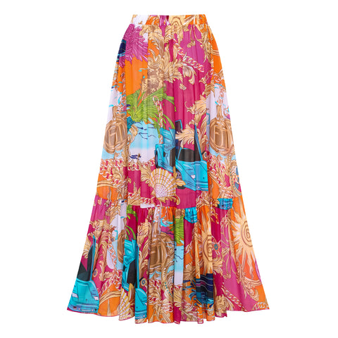 Long Sleeve Shell Chest Pad Printed One Piece Swimsuit and Skirt