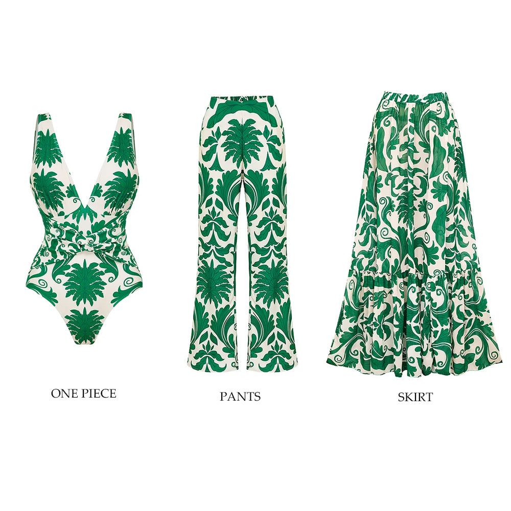 V Neck Green Printed Knotted at Waist Tummy Control One piece Swimsuit and Skirts or Pants	