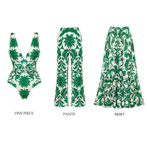 V Neck Green Printed Knotted at Waist Tummy Control One piece Swimsuit and Skirts or Pants	